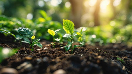 The growing little tiny green plants on the soil and dirt that has been received the source of the food from the bright light of the morning sun at the daytime in the summer or spring of year. AIGX03.の素材