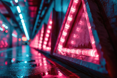 The great reddish triangle that standing on the ground floor yet still feel so small when compare to wall that standing near the reddish triangle and red light of the dark thick big triangle. AIGX03.の素材