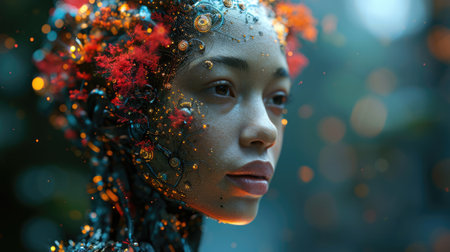 The side view of picture that about humanoid young adult female robot that looks like it in the full of thought and trying to processing something inside it head with emotionless expression. AIGX03.の素材