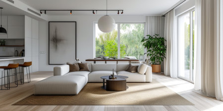 A bright and airy modern living room with stylish staircase, hardwood floors, and contemporary furniture, bathed in natural sunlight. Bright and airy Scandinavian living room. Resplendent.の素材