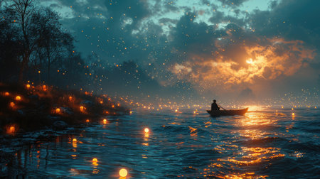 The picture of young or adult male or female that sailing the boat in the middle of the water that surrounded with nature in the nighttime of the day yet look bright and clear with the light. AIGX03.の素材