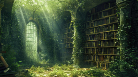 An ancient library in a hidden forest, overgrown with ivy, books filled with forgotten lore, mystical ambiance, sunlight filtering through leaves. Resplendent.の素材