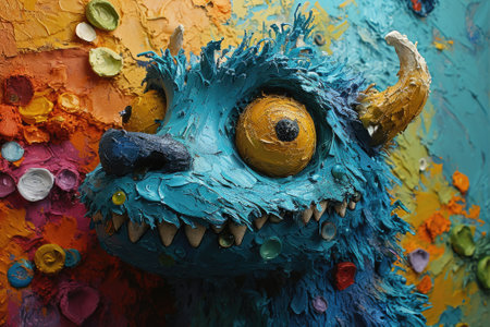 The side view of the colourful creature or monster that stay near to the colourful wall background in some sort of a bright light room that show a detail of the colourful creature or monster. AIGX03.の素材