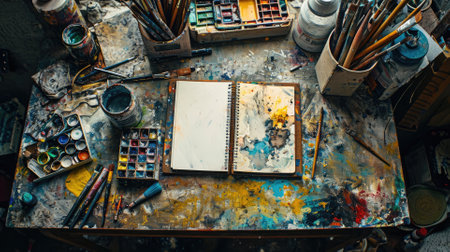 An artists workspace is a vibrant mess, with paintbrushes, open paint jars, and a color-splattered palette and sketchbook. Resplendent.の素材
