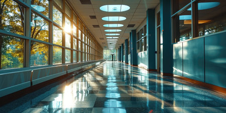 The great long hallway that stay inside the architecture that similar to the hospital with a green tree that stay on the shiny cleaned floor that reflect a light in the brightest morning day. AIGX03.の素材