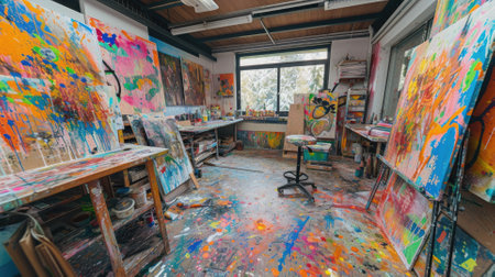 An artists studio in full creative chaos, paint splattered everywhere, canvases in various stages of completion, vibrant colors clashing and blending. Resplendent.の素材