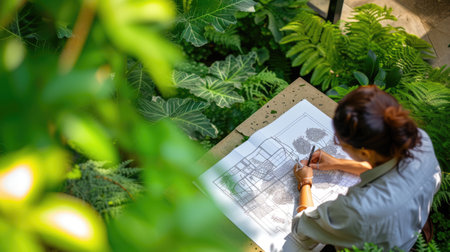 An overhead view of a landscape architect analyzing garden design plans amidst a lush green setting. AIG41の素材
