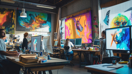 A man is using a computer in an office building, surrounded by tables, paintings, and art in a magenta-themed room. AIG41の素材