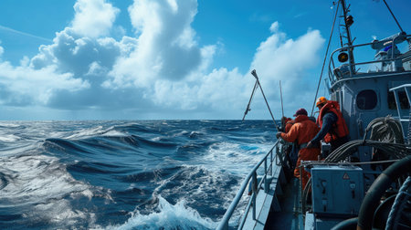 A rugged fishing boat cuts through turbulent ocean waves under a dramatic overcast sky, showcasing the resilience of maritime workers. AIG41の素材