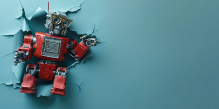 Close up view picture of the hollow blue hole on the the wall that show the robot stay inside the wall that has been made from some material yet still can be break to look through other side. AIGX03.の素材