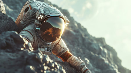 An astronaut in a space suit exploring a distant planets surface, futuristic space exploration concept, alien landscape. Resplendent.の素材