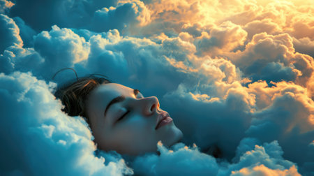 The close up picture of the caucasian female human that laying down for sleeping on the sea of the cloudscape that act like pillow that look fluffy and soft at the bright sky of the daytime. AIGX03.の素材