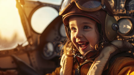 The side view of the picture that has the child flying into the bright sky with the aviator costume and the pair of goggles under the bright light of the bright sun with the happy smile face. AIGX03.の素材