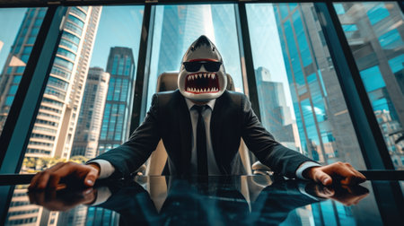 The picture of the shark head businessman that sitting on the chair that make him looks like he has the great power to has the full control of everything in the business inside the building. AIGX03.の素材