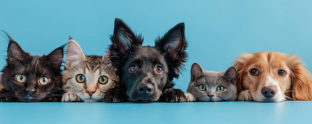 The picture of front view and close up of the multiple group of the various cat and dog in front of the bright blue background that look back to the camera with the curious and interest face. AIGX03.の素材