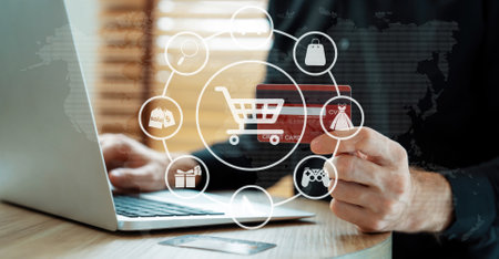 Customer open hologram graphic interface controlling device choosing online platform. Smart consumer touch gadget open e-commerce application using cashless technology shopping inventory. Cybercash.の写真素材