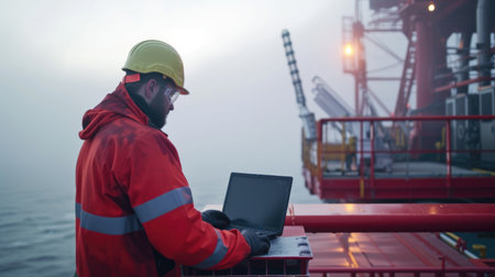 A man is using a laptop computer on a boat, surrounded by the vast expanse of water and sky in the ocean. AIG41の素材