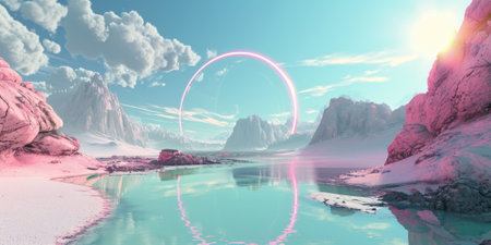 A pink round portal in the middle of the river that connected to the ocean and surrounded with the a huge pile of sand and sandstone mountain under the cloudy sky in the bright morning day. AIGX03.の素材