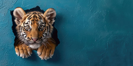 Close up view picture of the hollow blue hole on the the wall that show the tiger stay inside the wall that has been made from some material yet still can be break to look through other side. AIGX03.の素材