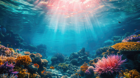 An underwater coral reef scene, diverse marine life, vivid colors, showcasing the beauty and diversity of ocean life. Underwater photography, coral reef ecosystem, diverse marine life,. Resplendent.の素材