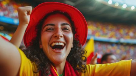 A happy man in a red shirt, with arms raised in the air, is celebrating, sporting a smile on his face. AIG41の素材