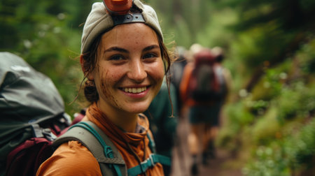 A happy woman wearing backpack and water on her face, smiling with cool water drops on her nose, eyebrows, eyelashes, and jaw, enjoying her travel adventure with stylish eyewear. AIG41の素材