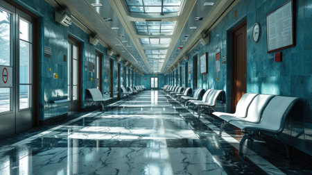 The great long blue hallway that stay inside the architecture that similar to the hospital with the white bench that stay on the white marble floor that reflect the light in the bright day. AIGX03.の素材