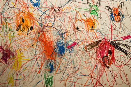 The hand drawing colourful picture of the group of the various type of the animal that has been drawn by the colored pencil or chalk on the white background that seem to be drawn by the child. AIGX01.の素材