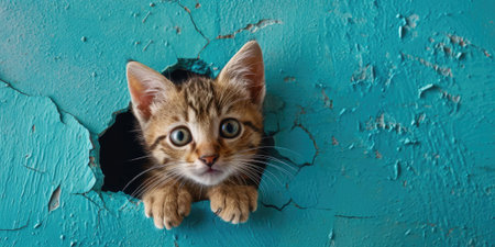Close up view picture of the hollow blue hole on the the wall that show the cat stay inside the wall that has been made from some material yet still can break to look through the other side. AIGX03.の素材