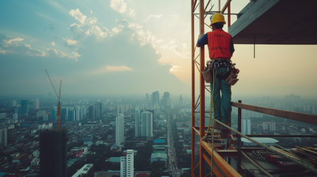 A construction worker stands atop a skyscraper, surrounded by the mesmerizing city landscape, under a cloudy sky with water glittering in the distance. AIG41の素材