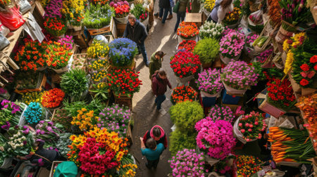 A bustling flower market scene featuring an array of colorful tulips and various spring flowers, with shoppers in the background. Resplendent.の素材