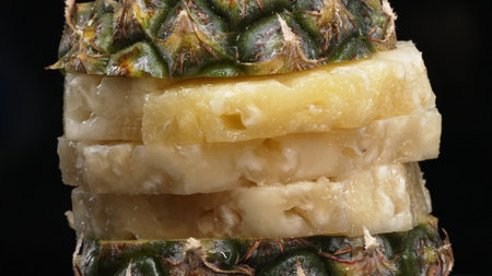 Close up video of fresh pineapple with slice of peel pineapple insert with separated black background. The rough and waxy rind, boasting a crown of spiky green leaves, Food photography. Comestible.の写真素材