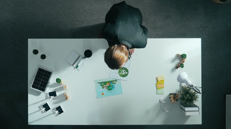 Top down view of business woman looking at clean energy document. Aerial view manager standing at...