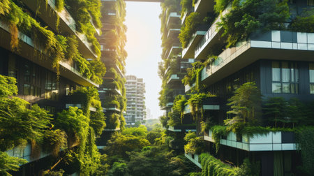The picture about the apartment and building that has been covered with green plant or tree that covered almost every part of the buildings under the bright light from the sun in the daytime. AIGX03.の素材