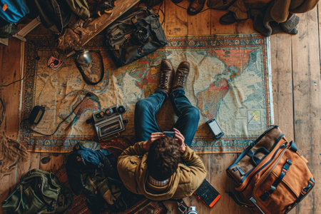 The picture of the young or adult caucasian male human focus and looking at the map of the world in the small room that has been filled with various object under the bright sun in the daytime. AIGX03.の素材