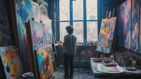 A painter stands back to ponder the progress of a vibrant abstract painting in a bright, art-filled studio. AIG41の素材
