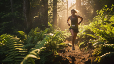 A woman wearing shorts is running through a forest trail surrounded by terrestrial plants, trees, and grass in a natural landscape. AIG41の素材