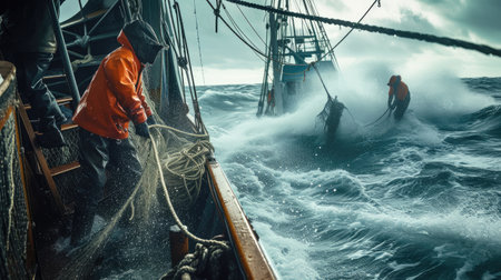 A rugged fishing boat cuts through turbulent ocean waves under a dramatic overcast sky, showcasing the resilience of maritime workers. AIG41の素材