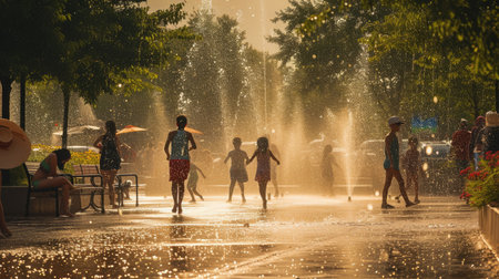 Kids frolic in a park fountain, reveling in the joy of water amidst the natural landscape filled with trees, grass, and terrestrial plants. A delightful leisurely event! AIG41の素材