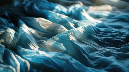 The abstract picture of the wavy blue fabric satin flexible clean cloth of the curtain that waving around under the light in the blank background of the bright room in the daytime of the day. AIGX01.の素材