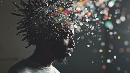 The picture that about the human face with different facial expression with colourful blowing effect near their head that can be portrayed feeling when they received too much the information. AIGX03.の素材