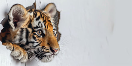 Close up view picture of the hollow white hole on the the wall that show the tiger stay inside the wall that has been made from some material yet still can be break to look through other side. AIGX03.の素材