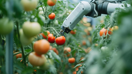 A robotic arm efficiently picks harvesting product, a type of vegetable, in a greenhouse to produce healthy and natural foods. AIG41の素材