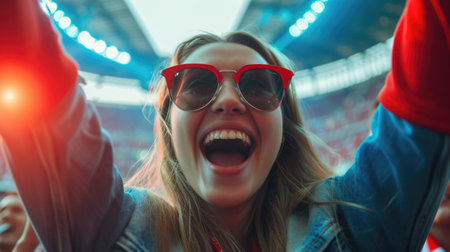 A fan is enthusiastically gesturing with her arms in the air, cheering in an electric blue hat at the entertaining competition event. AIG41の素材