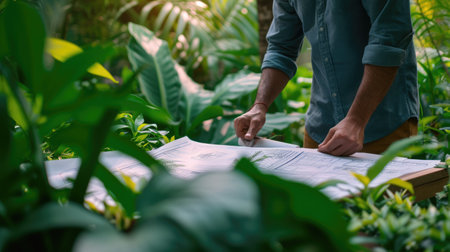 An overhead view of a landscape architect analyzing garden design plans amidst a lush green setting. AIG41の素材