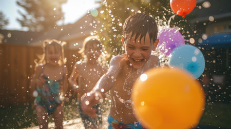 A joyful event unfolds as a group of children happily engage in a leisurely backyard activity, playing with water balloons. AIG41の素材