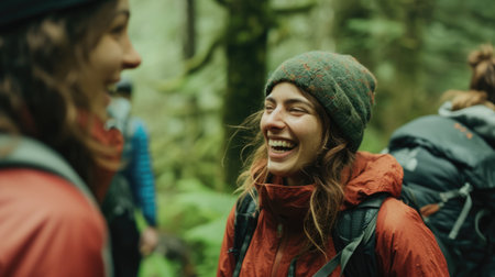 A joyful group of individuals wearing hats, hiking through the serene woods, smiling, and enjoying the natural landscape. AIG41の素材