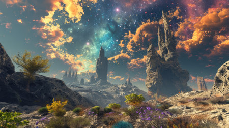 A desolate alien desert stretches out, marked by towering rock formations, under a surreal sky graced by the dramatic presence of nearby planets and celestial bodies. Resplendent.の素材