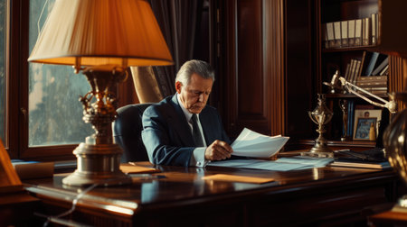 A focused executive evaluates paperwork in the prestigious setting of a wood-paneled office, reflecting professionalism and determination. AIG41の素材