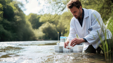 A man, wearing a lab coat, collects water from a river, amidst a beautiful natural landscape with happy people, trees, grass, and a serene lake. AIG41の素材